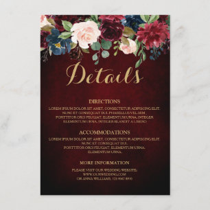 Burgundy Red Navy Floral Rustic Wedding Details Enclosure Card
