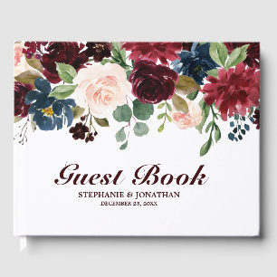 Burgundy Red Navy Floral Rustic Wedding guest book