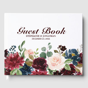 Burgundy Red Navy Floral Rustic Wedding guest book