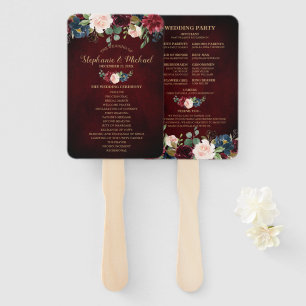 Burgundy Red Navy Floral Rustic Wedding program Hand Fan
