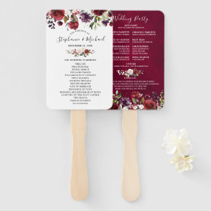 Burgundy Red Navy Floral Rustic Wedding program Hand Fan