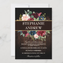 Burgundy Red Navy Floral Rustic wooden wedding