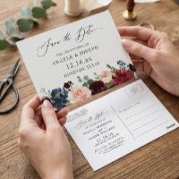 Burgundy Red Navy Floral Wedding Save the Date