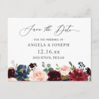 Burgundy Red Navy Floral Wedding Save the Date