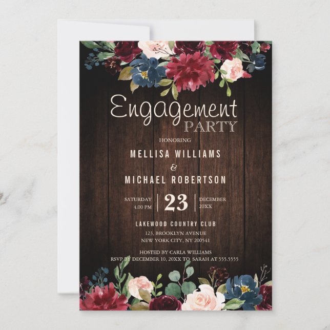 Burgundy Red Navy Floral Wooden Engagement Party Invitation (Front)