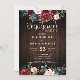 Burgundy Red Navy Floral Wooden Engagement Party Invitation