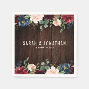 Burgundy Red Navy Floral Wooden Paper Napkin