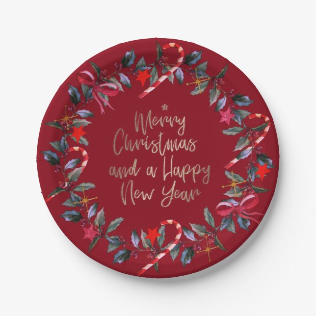 Burgundy Red Omela Christmas Wreath Paper Plates (Front)