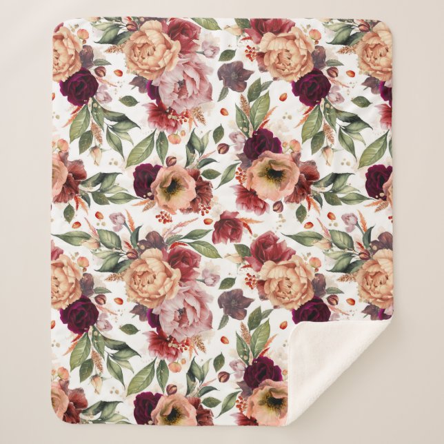 Burgundy Red Orange Flowers Fall Pattern Botanical Sherpa Blanket (Front)