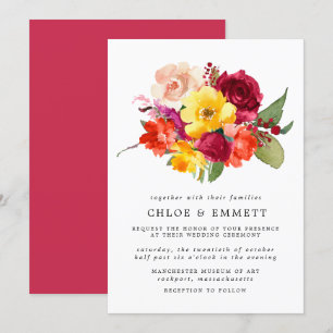 Burgundy Red Orange Yellow Pink Floral Wedding  Invitation