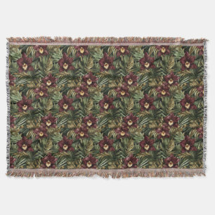 Burgundy Red Orchid Floral   Throw Blanket