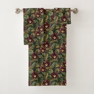 Burgundy Red Orchid Floral Tropical  Bath Towel Set