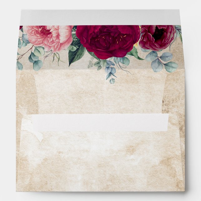 Burgundy Red Peonies and Roses Fall Wedding Envelope (Back (Bottom))