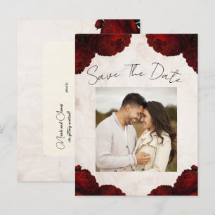 Burgundy Red Peony Flowers Vintage Save the Date Announcement Postcard