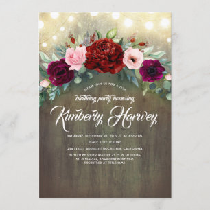 Burgundy Red Peony Garland Rustic Birthday Invitation
