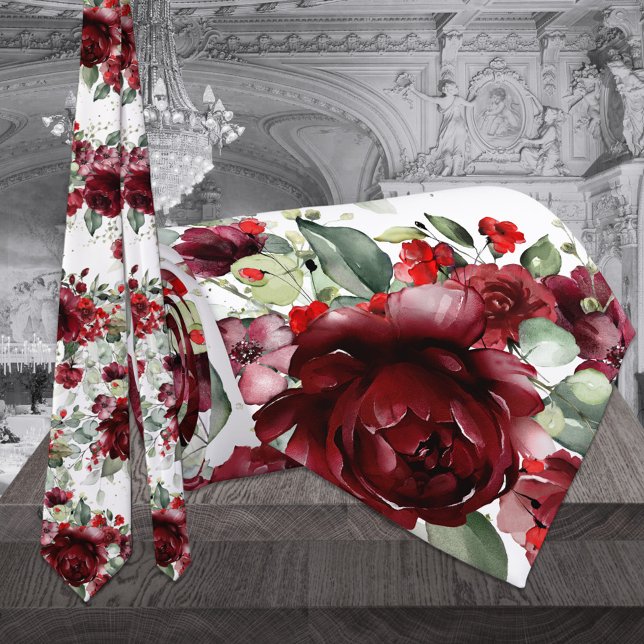 Burgundy Red Peony Silver Greenery Wedding Tie (Creator Uploaded)