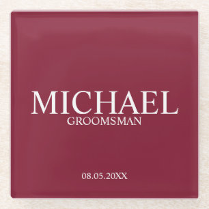 Burgundy Red Personalised Groomsmen Glass Coaster