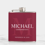 Burgundy Red Personalised Groomsmen Hip Flask<br><div class="desc">Add a personal touch to your wedding with personalised groomsmen flask. This flask features personalised groomsman's name with title and wedding date in white and monogram in light burgundy red as background, in classic serif font style, on burgundy red background. Also perfect for best man, father of the bride, ring...</div>