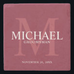 Burgundy Red Personalised Groomsmen Stone Coaster<br><div class="desc">Add a personal touch to your wedding with personalised groomsmen stone coaster. This coaster features personalised groomsman's name with title and wedding date in white and monogram in light burgundy red as background, in classic serif font style, on burgundy red background. Also perfect for best man, father of the bride,...</div>