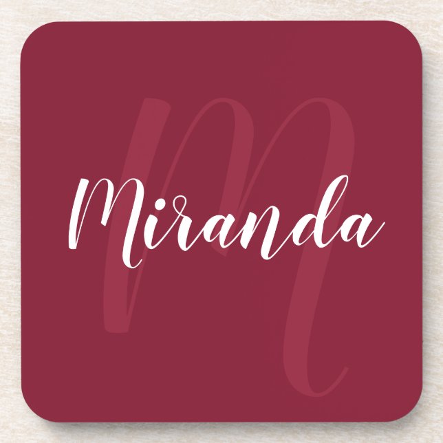 Burgundy Red Personalised Monogram and Name Coaster (Front)