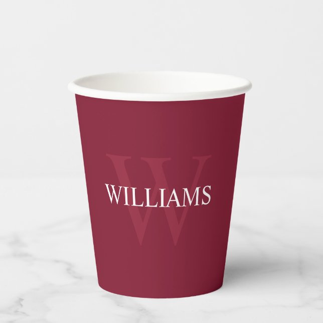 Burgundy Red Personalised Monogram and Name Paper Cups (Front)
