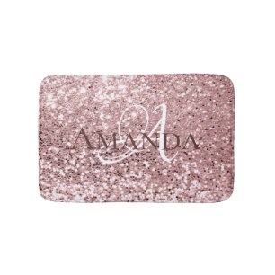 Burgundy Red Pink Blush Glitter Name Monogram Bath Mat