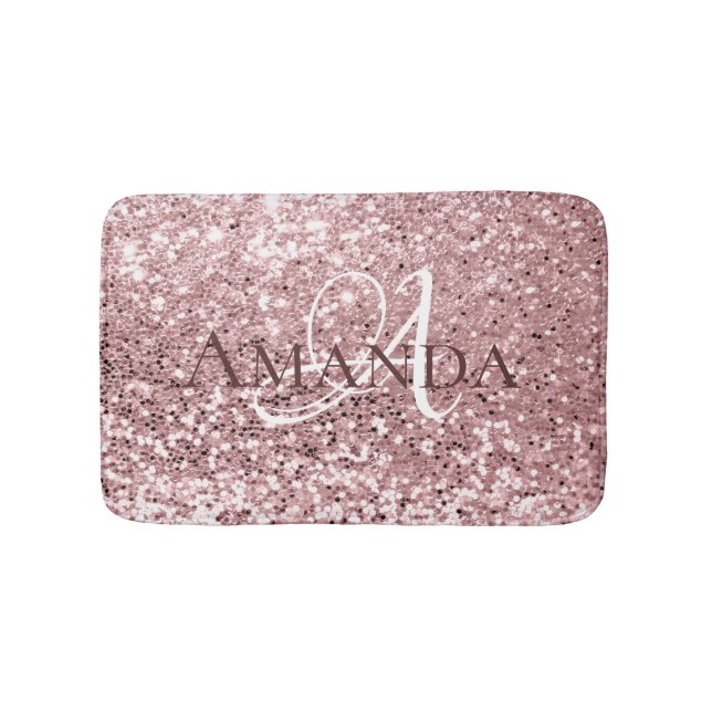 Burgundy Red Pink Blush Glitter Name Monogram Bath Mat (Front)