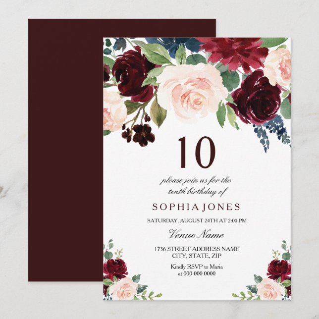 Burgundy Red Pink Floral 10th Birthday Party Invitation (Front/Back)