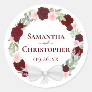 Burgundy Red & Pink Floral Wreath Wedding Classic Round Sticker