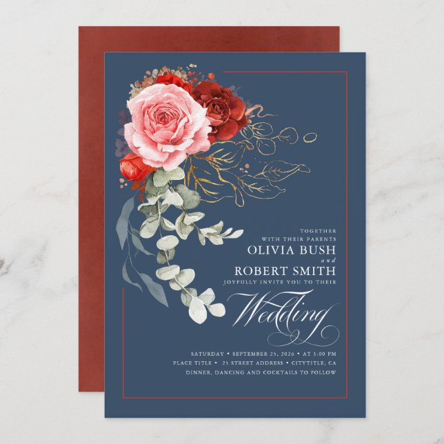 Burgundy Red Pink Flowers Boho Navy Blue Wedding Invitation (Front/Back)