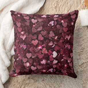 Burgundy Red Pink Glitter Hearts Cushion
