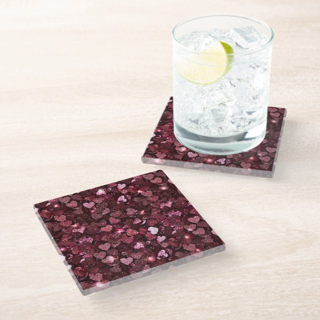 Burgundy Red Pink Glitter Hearts Glass Coaster (Angled)