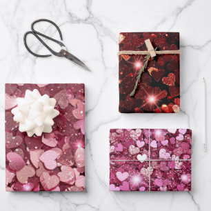 Burgundy Red Pink Glitter Hearts Wrapping Paper Sheet