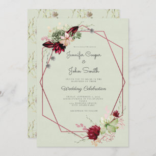 Burgundy Red Pink Green Watercolor Floral Wedding Invitation