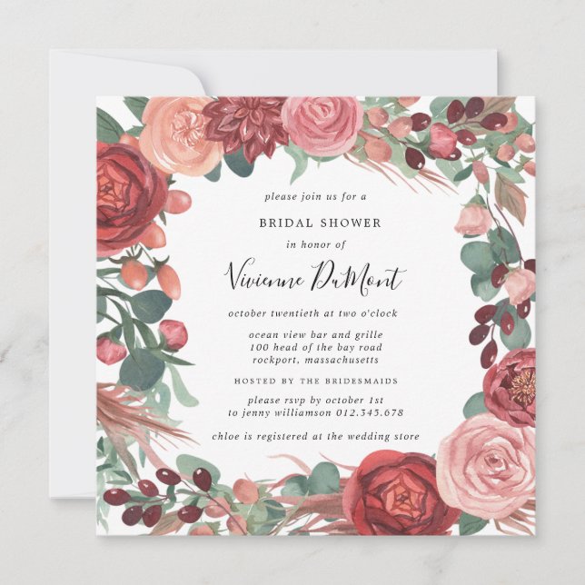 Burgundy Red Pink Peony Rose Floral Bridal Invitation (Front)