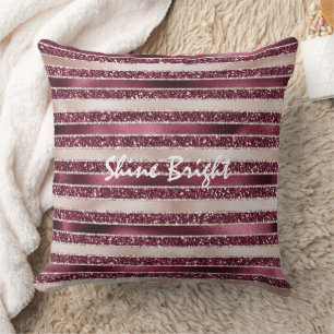 Burgundy Red Pink Rose Gold Glitter Stripes Cushion