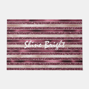 Burgundy Red Pink Rose Gold Glitter Stripes Doormat