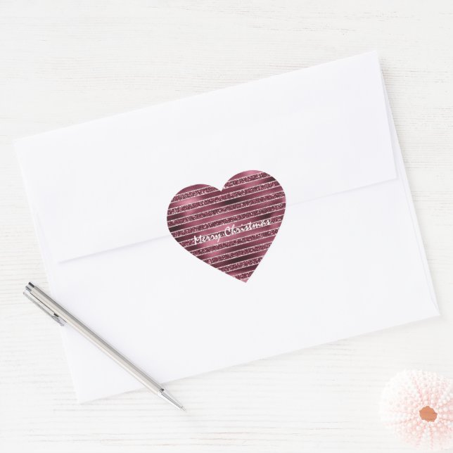 Burgundy Red Pink Rose Gold Glitter Stripes      Heart Sticker (Envelope)