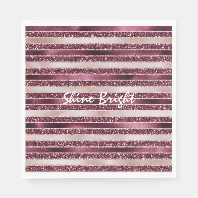 Burgundy Red Pink Rose Gold Glitter Stripes     Napkin (Front)