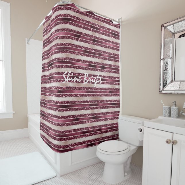 Burgundy Red Pink Rose Gold Glitter Stripes        Shower Curtain (In Situ)