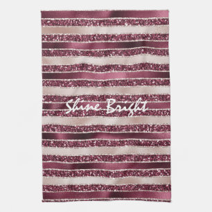 Burgundy Red Pink Rose Gold Glitter Stripes        Tea Towel