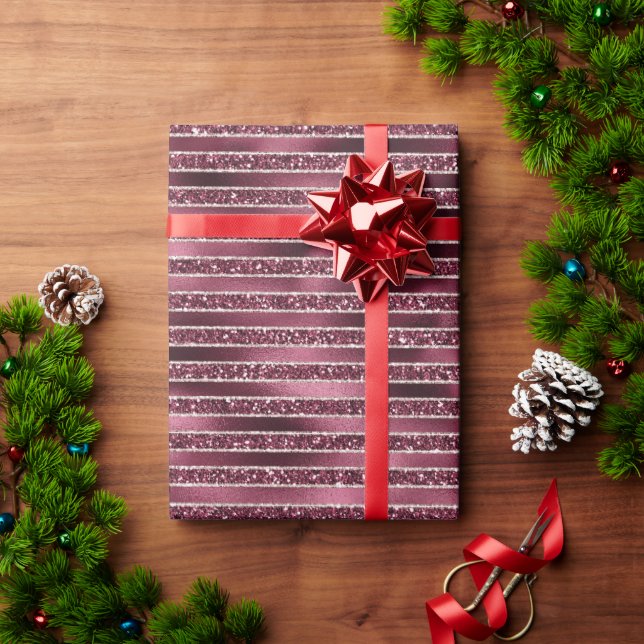 Burgundy Red Pink Rose Gold Glitter Stripes Wrapping Paper (Holiday Gift)