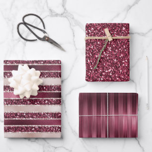 Burgundy Red Pink Rose Gold Glitter Stripes     Wrapping Paper Sheet