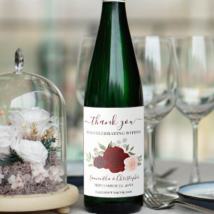Burgundy Red Pink Roses Elegant Wedding Thank You Wine Label