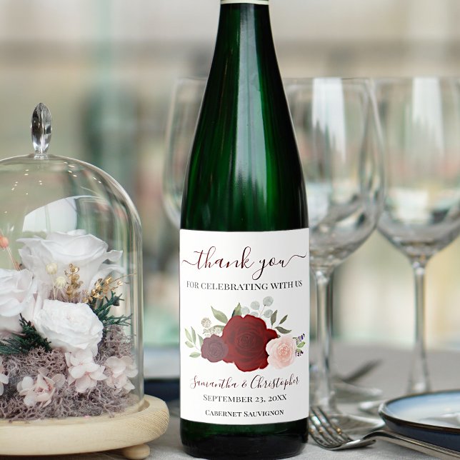 Burgundy Red Pink Roses Elegant Wedding Thank You Wine Label (Creator Uploaded)