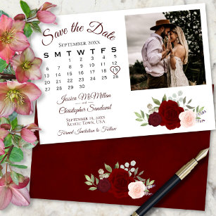 Burgundy Red & Pink Roses Wedding Calendar & Photo Save The Date