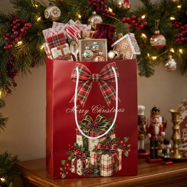 Burgundy Red Plaid Bow Christmas Medium Gift Bag (Creator Uploaded)