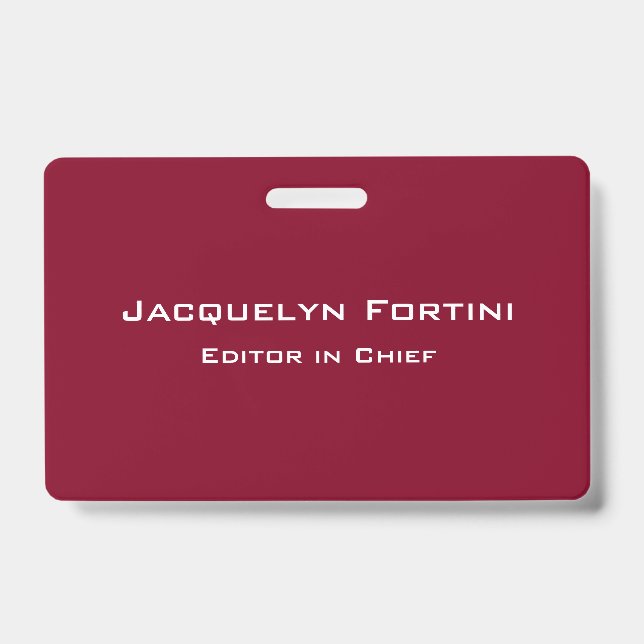 Burgundy Red Plain Elegant Modern Minimalist ID Badge (Front)
