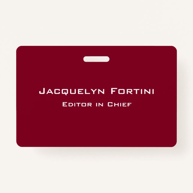 Burgundy Red Plain Elegant Modern Minimalist ID Badge (Front)