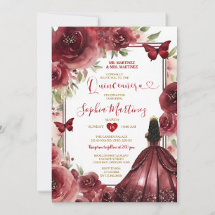 Burgundy Red Princess Dress Flowers Quinceañera Invitation